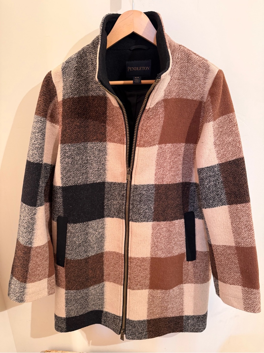 Pendleton Brown and Cream Plaid Zip-Front Wool Peacoat